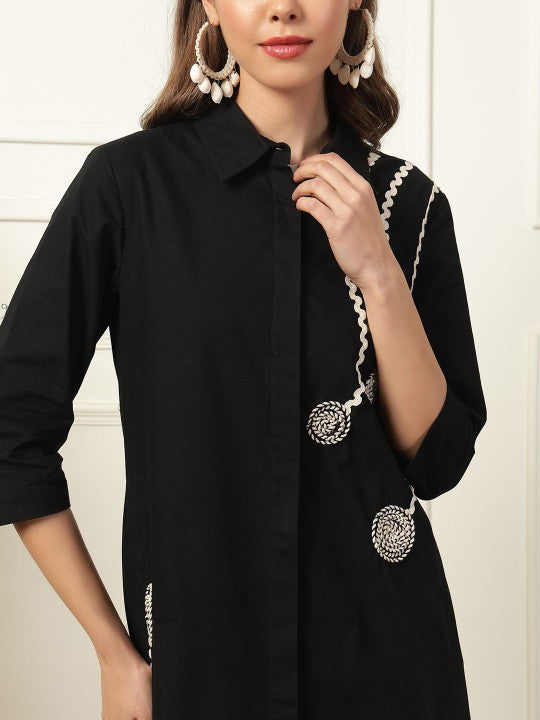 Trendy Mandarin Collar Embroidered Cotton Shirt Dress