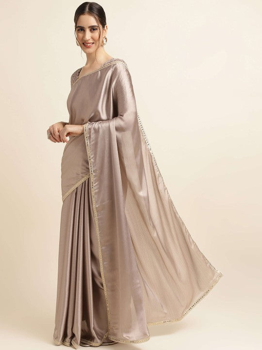 Festive Brown Sequinned Pure Chiffon Saree