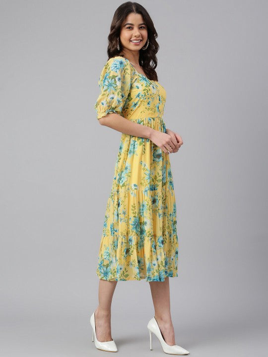 Trendy Women Yellow Georgette Floral Print Flared Western Dress