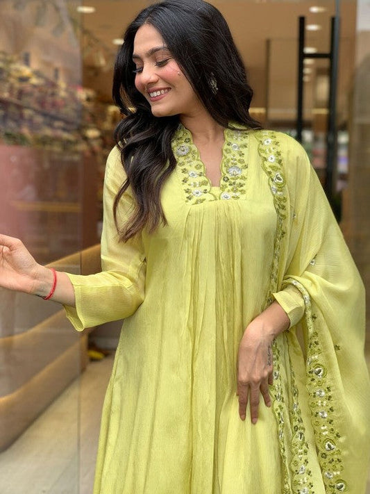 Festive Floral Embroidered Thread Work A-Line Kurta With Trousers & Dupatta