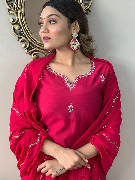 Festive Ethnic Motifs Embroidered Thread Work Detail Straight Kurta & Trousers With Dupatta