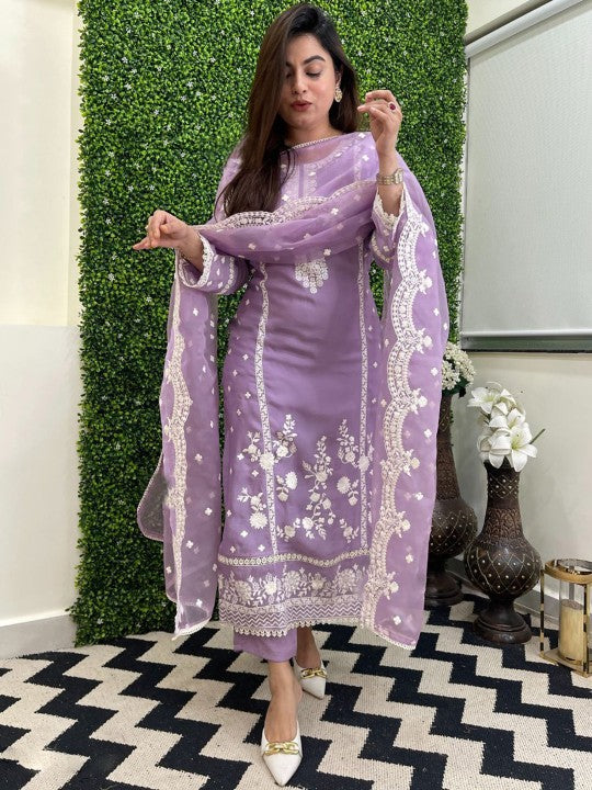 Festive Floral Embroidered Thread Work Straight Kurta With Trousers & Dupatta