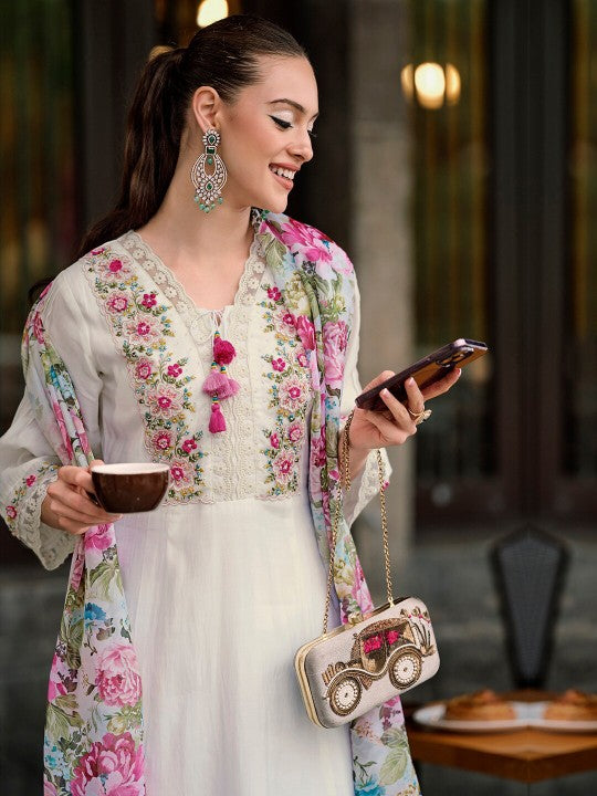Festive Floral Embroidered Thread Work A-Line Kurta With Trousers & Dupatta