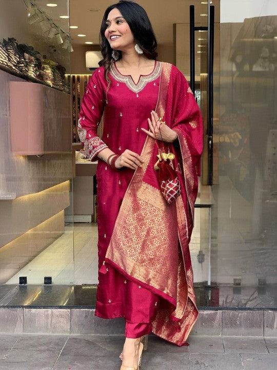 Festive Floral Embroidered Straight Kurta With Trousers & Dupatta