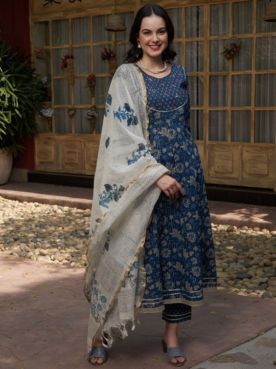 Festive Blue Printed Gotta Patti Pure Cotton Empire A-Line Kurta with Trousers & Dupatta