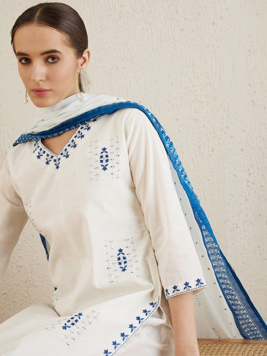 Festive Ethnic Motifs Embroidered Thread Work Pure Cotton Kurta with Trousers & Dupatta
