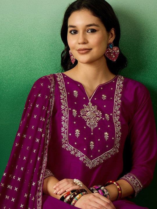 Festive Magenta Embroidered Notch Neck Sequined A-Line Kurta With Trouser & Dupatta