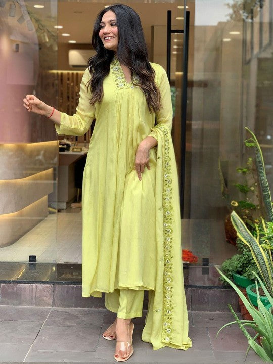 Festive Floral Embroidered Thread Work A-Line Kurta With Trousers & Dupatta