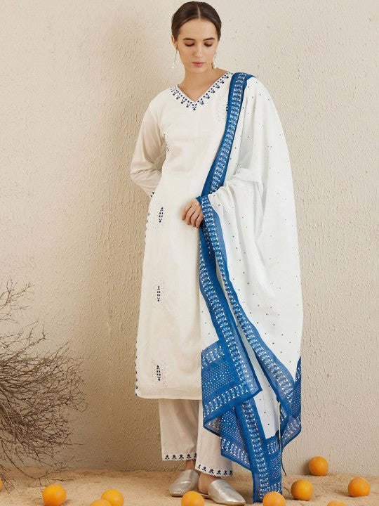 Festive Ethnic Motifs Embroidered Thread Work Pure Cotton Kurta with Trousers & Dupatta