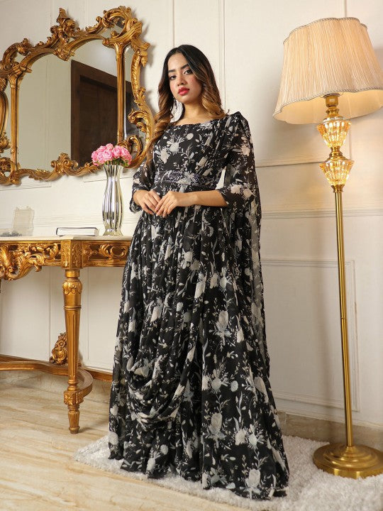Trendy Floral Printed Georgette Maxi Ethnic Dress With Dupatta & Belt