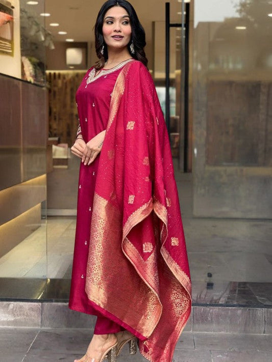 Festive Floral Embroidered Straight Kurta With Trousers & Dupatta