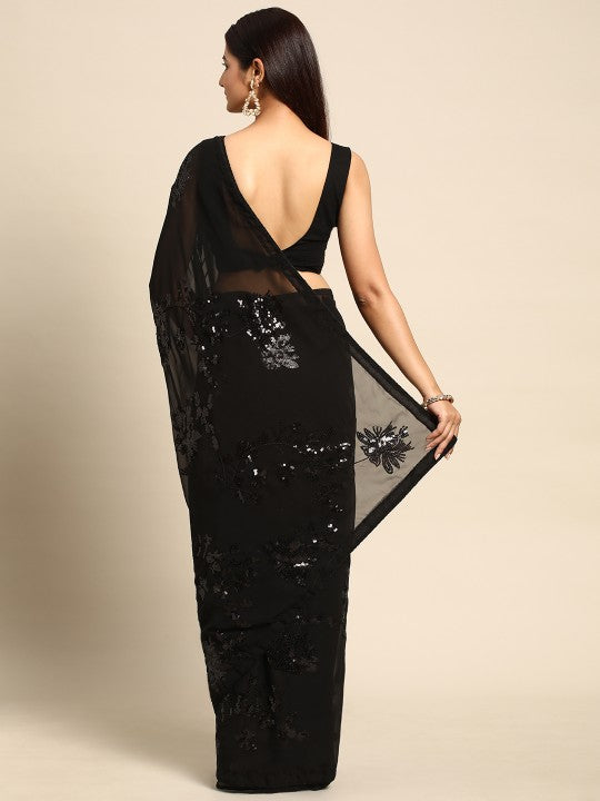 Floral Sequinned Poly Georgette Festive Saree