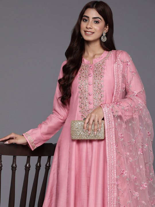 Festive Floral Yoke Design Pleated Sequinned Pure Silk Kurta with Trousers & Dupatta