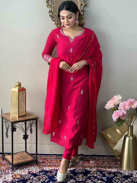 Festive Ethnic Motifs Embroidered Thread Work Detail Straight Kurta & Trousers With Dupatta