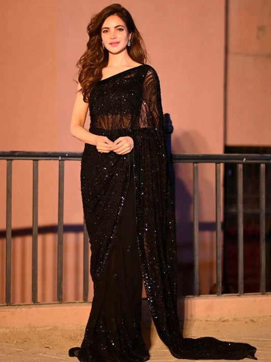 Festive Black Sequinned Embellished Saree