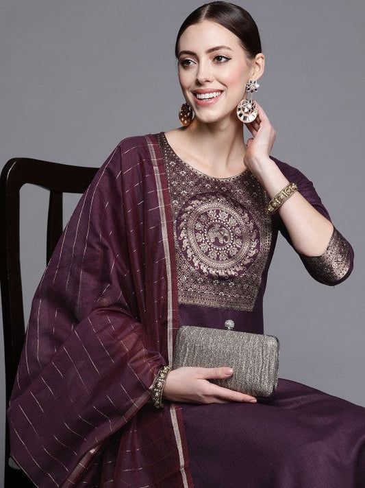 Festive Women Purple Yoke Design Kurta with Palazzos & With Dupatta