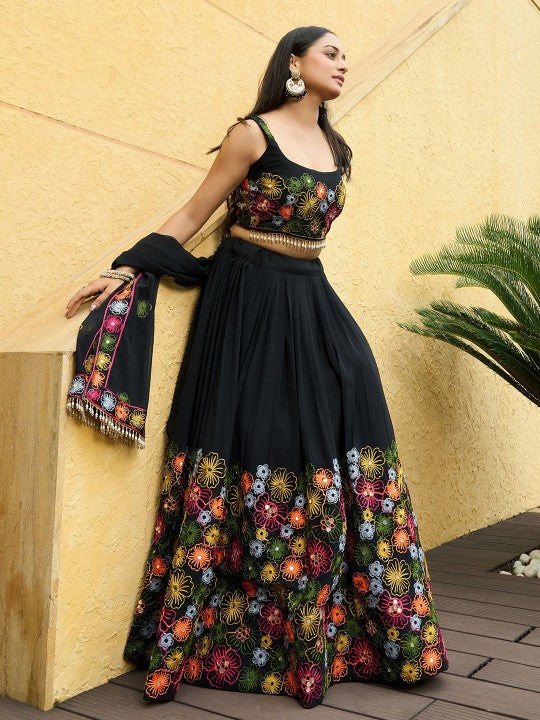 Festive Thread Work Semi-Stitched Lehenga & Unstitched Blouse With Dupatta