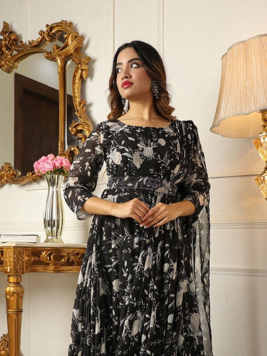 Trendy Floral Printed Georgette Maxi Ethnic Dress With Dupatta & Belt