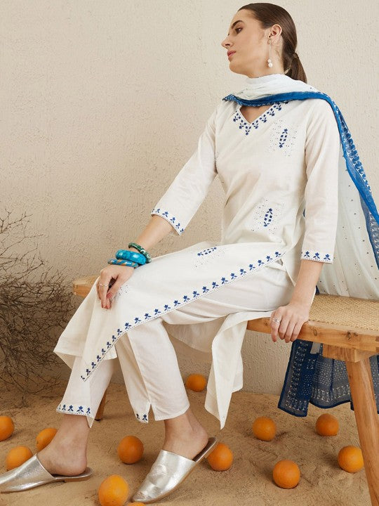 Festive Ethnic Motifs Embroidered Thread Work Pure Cotton Kurta with Trousers & Dupatta
