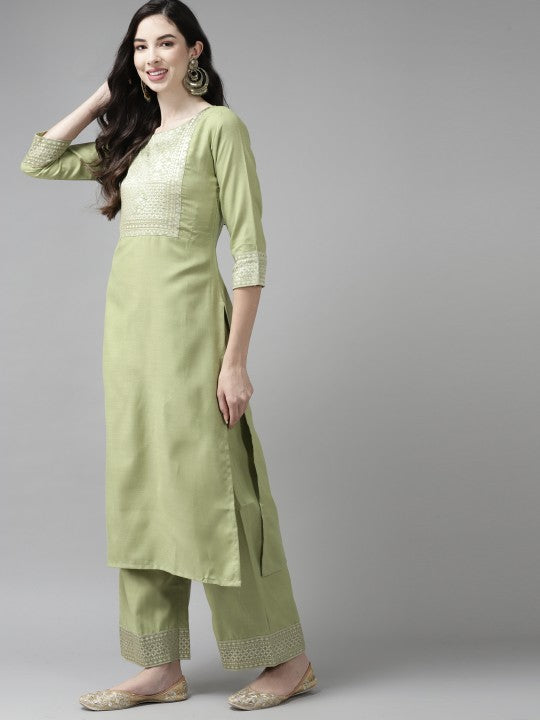 Festive Women Green Yoke Design Regular Kurta with Palazzos & Dupatta