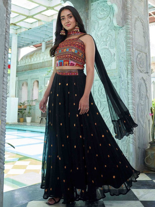 Festive Thread Work Semi-Stitched Lehenga & Unstitched Blouse With Dupatta