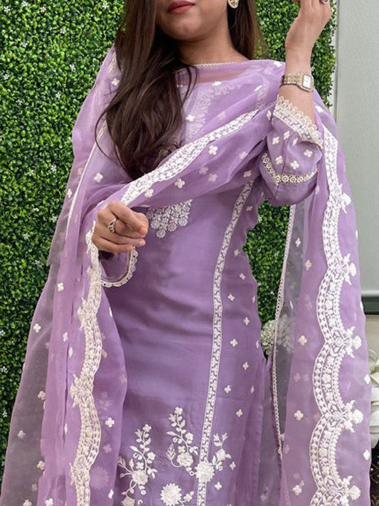 Festive Floral Embroidered Thread Work Straight Kurta With Trousers & Dupatta