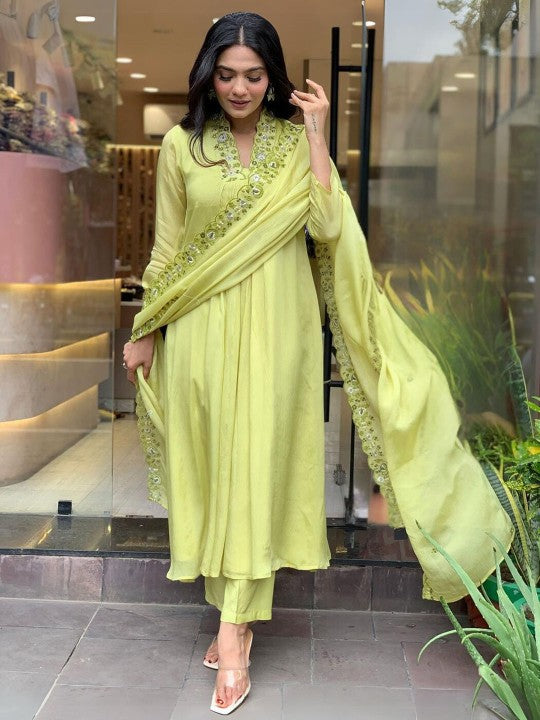 Festive Floral Embroidered Thread Work A-Line Kurta With Trousers & Dupatta
