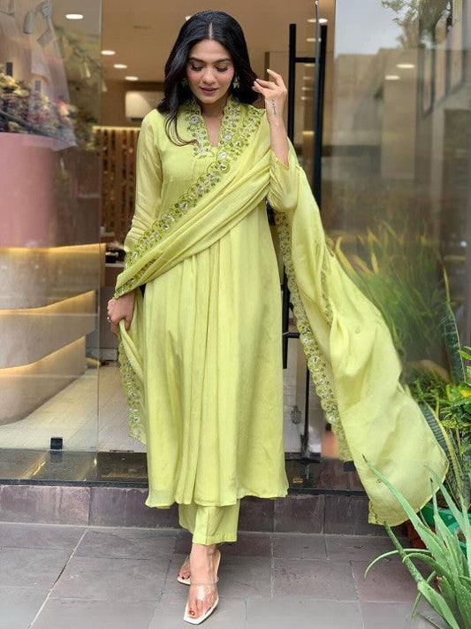 Festive Floral Embroidered Thread Work A-Line Kurta With Trousers & Dupatta