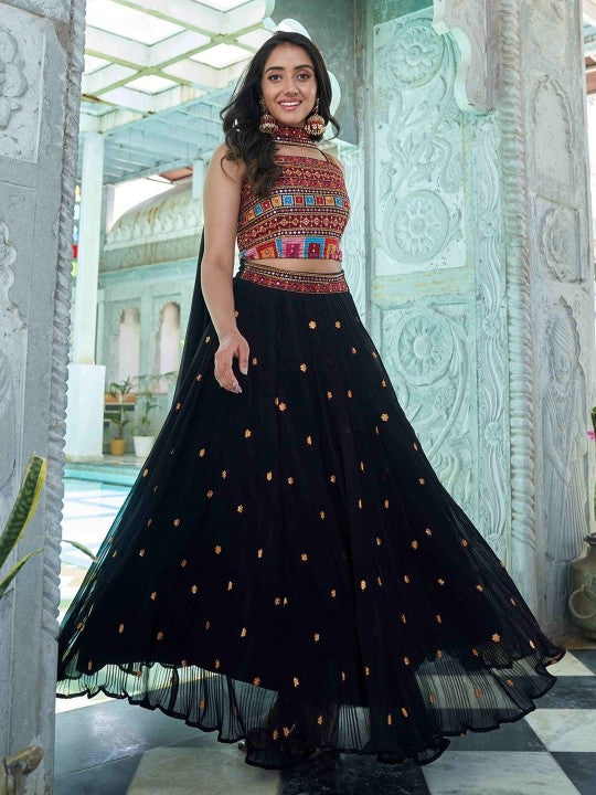 Festive Thread Work Semi-Stitched Lehenga & Unstitched Blouse With Dupatta
