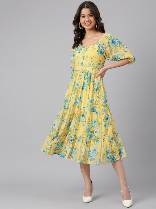 Trendy Women Yellow Georgette Floral Print Flared Western Dress