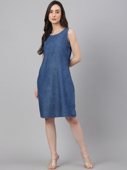Trendy Women's Blue Denim Solid Straight Western Dress