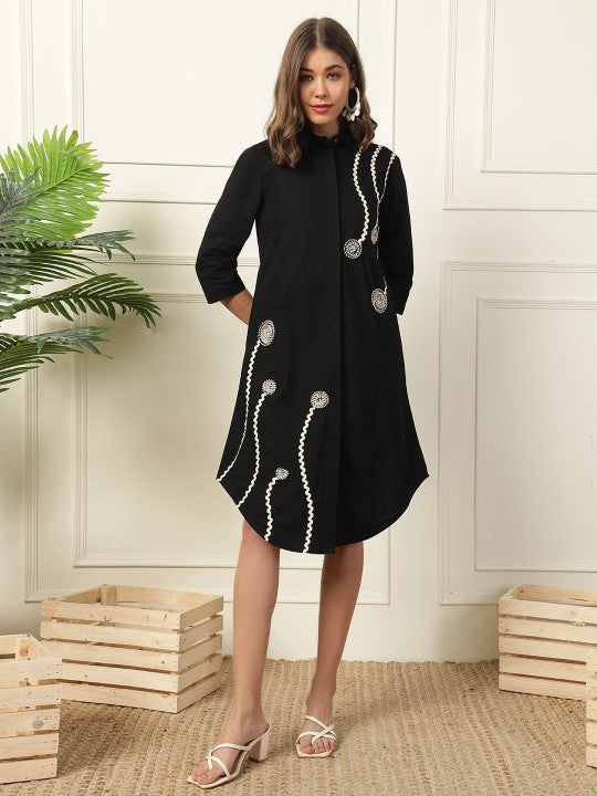 Trendy Mandarin Collar Embroidered Cotton Shirt Dress