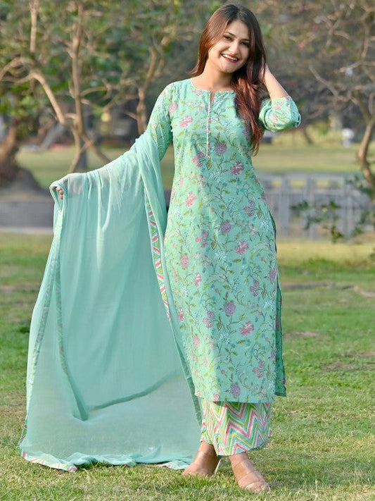 Festive Women Sea Green Floral Printed Kurta with Palazzos & Dupatta