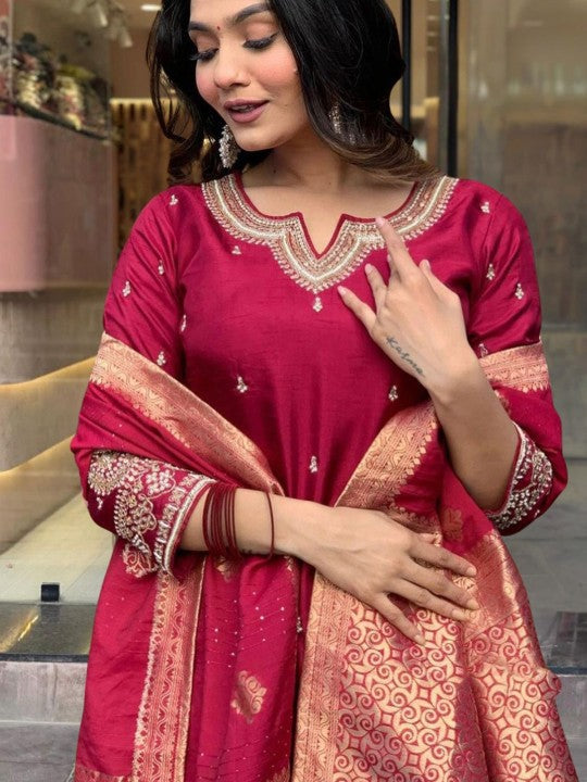 Festive Floral Embroidered Straight Kurta With Trousers & Dupatta