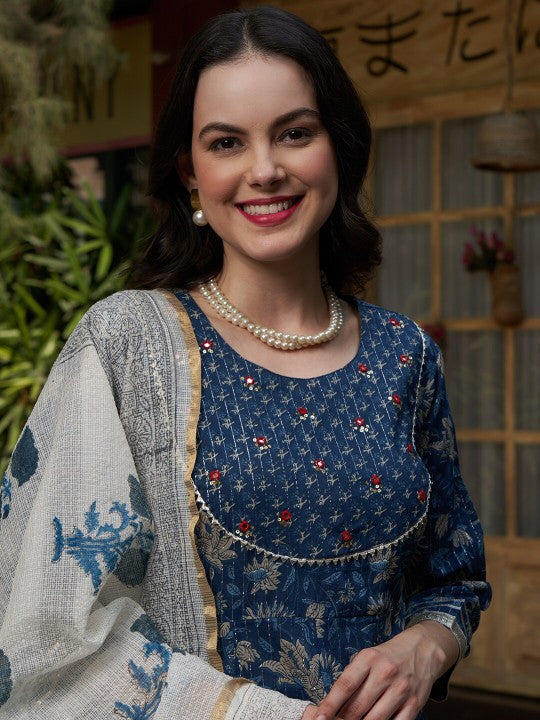 Festive Blue Printed Gotta Patti Pure Cotton Empire A-Line Kurta with Trousers & Dupatta