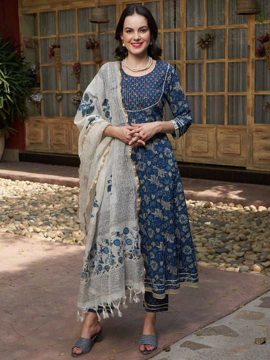 Festive Blue Printed Gotta Patti Pure Cotton Empire A-Line Kurta with Trousers & Dupatta