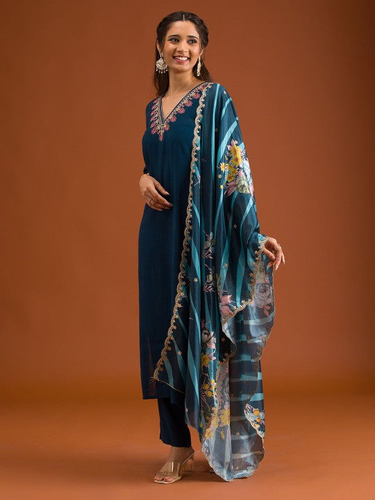 Festive Floral Yoke Design Regular Straight Kurta with Trousers & Dupatta