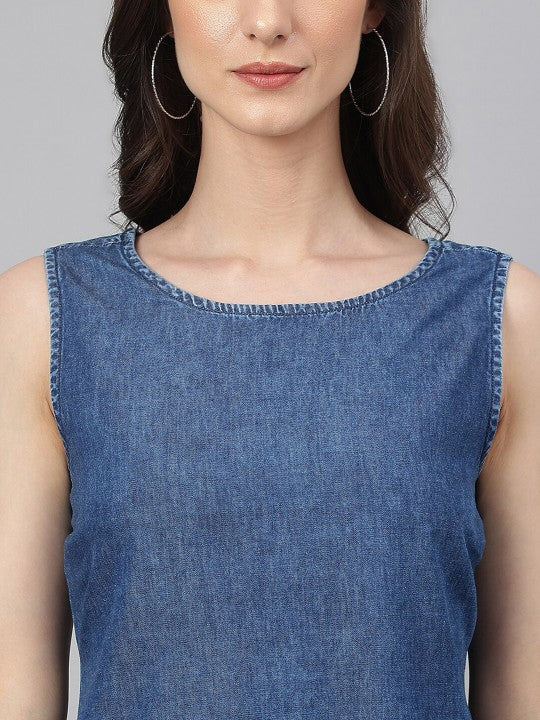 Trendy Women's Blue Denim Solid Straight Western Dress