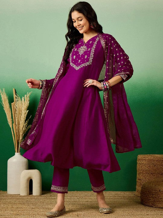 Festive Magenta Embroidered Notch Neck Sequined A-Line Kurta With Trouser & Dupatta