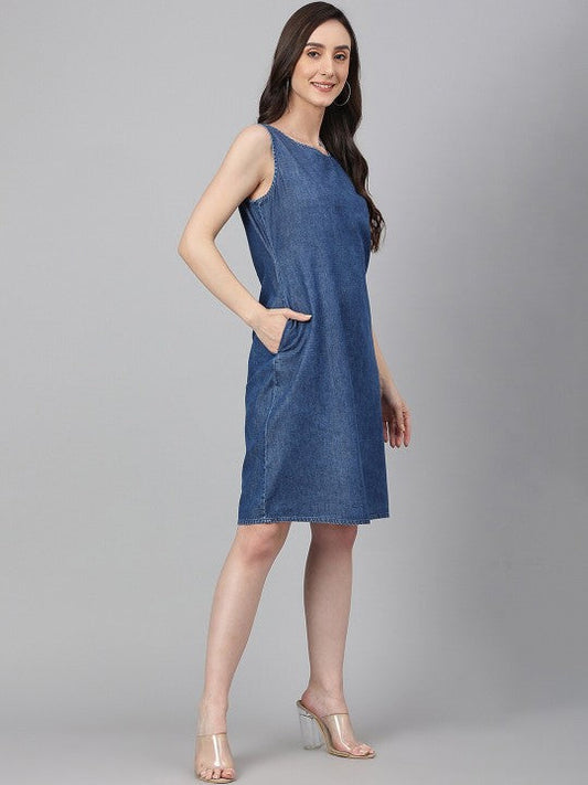 Trendy Women's Blue Denim Solid Straight Western Dress