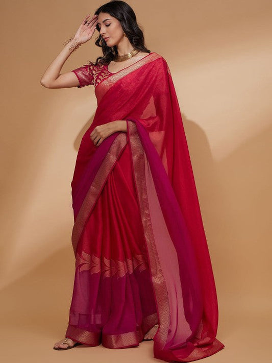 Festive Pink Floral Woven Design Zari Detailed Pure Chiffon Saree