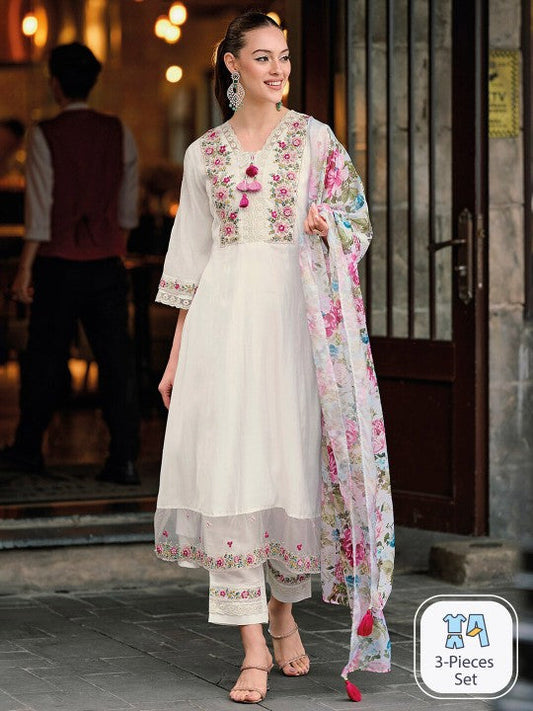 Festive Floral Embroidered Thread Work A-Line Kurta With Trousers & Dupatta