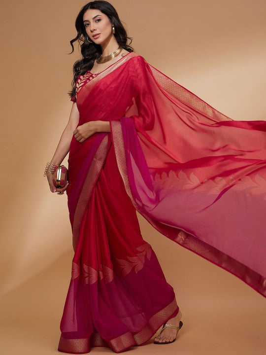 Festive Pink Floral Woven Design Zari Detailed Pure Chiffon Saree