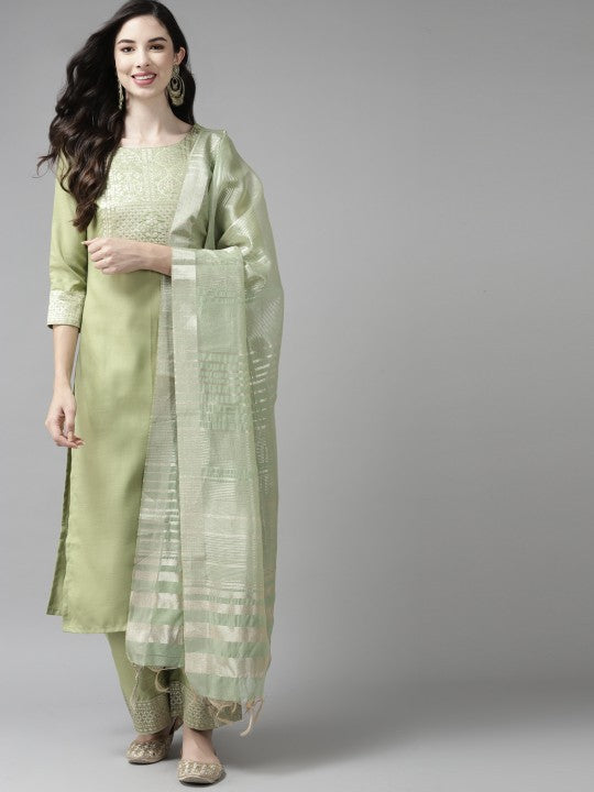 Festive Women Green Yoke Design Regular Kurta with Palazzos & Dupatta