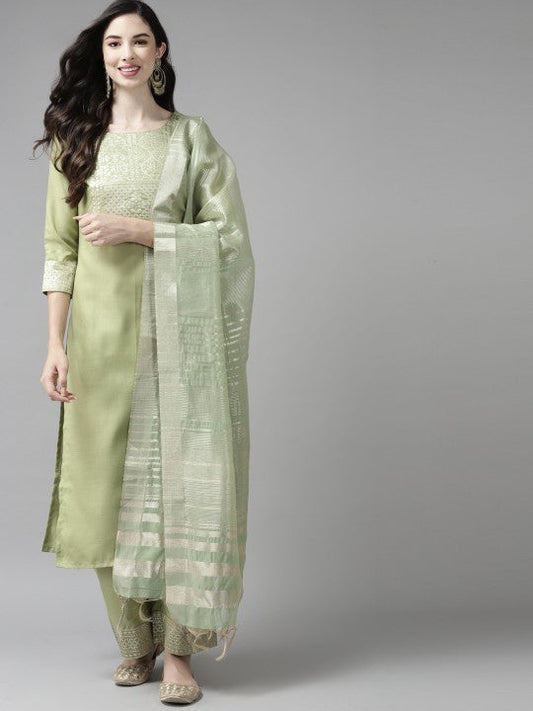 Festive Women Green Yoke Design Regular Kurta with Palazzos & Dupatta