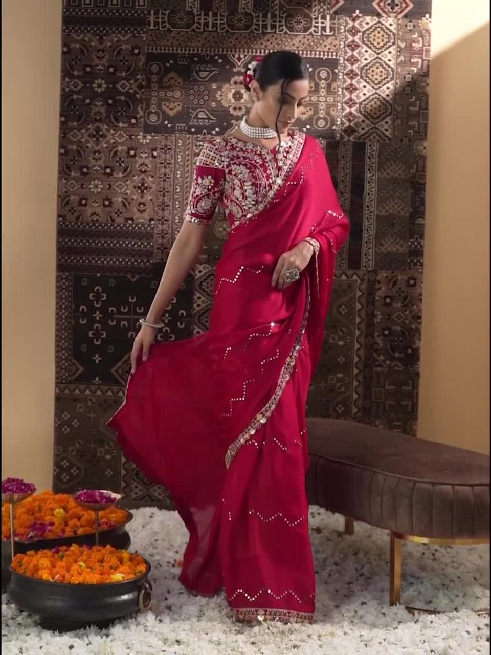 Festive Floral Embroidered Silk Blend Saree