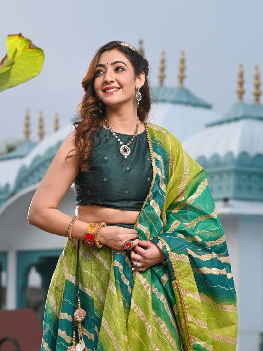 Leheriya Festive Printed Ready to Wear Lehenga & Unstitched Blouse With Dupatta