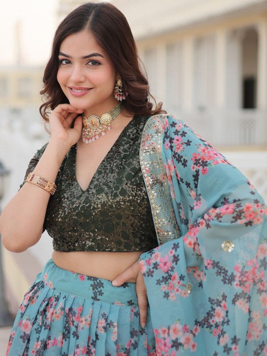 Festive  Sequinned Ready to Wear Lehenga & Unstitched Blouse With Dupatta
